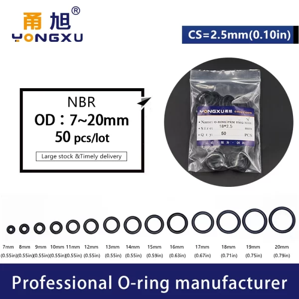 50PCS/Lot Black NBR Sealing O-Ring CS2.5mm Thickness OD7/8/9/10/11/12/13/14/15/16/17/18/19/20*2.5mm Rubber Rings Gasket Washer.- - Image 2