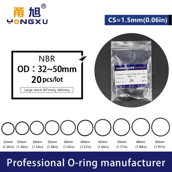 20PCS/Lot Black NBR Sealing O-Ring CS1.5mm OD31/32/33/34/35/36/37/38/39/40/42/45/46/48/50*1.5mm Seal Rubber Rings GasketWasher.- - Image 2