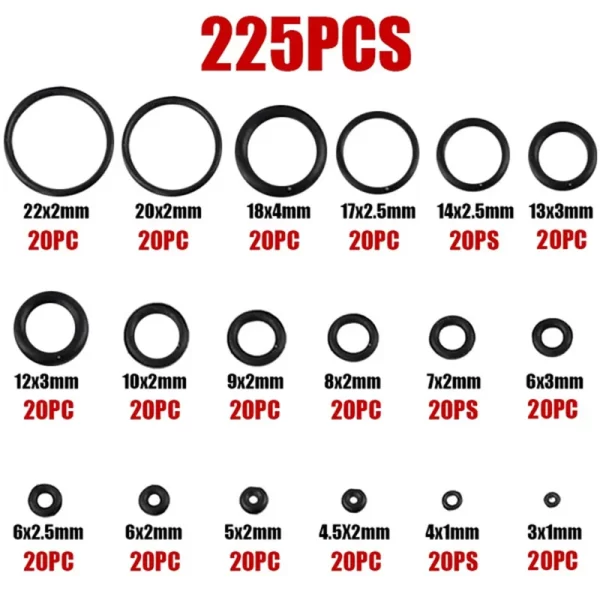 225PCS Rubber O Ring Oil Resistance O-Ring Washer Gasket Seals Watertightness Assortment Different Size With Plastic Box Kit Set - Image 2