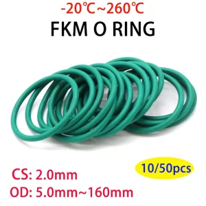 10/50Pcs Green FKM O Ring CS 2mm OD 5~160mm Sealing Gasket Insulation Oil Resistant High Temperature Resistance Fluorine Rubber
