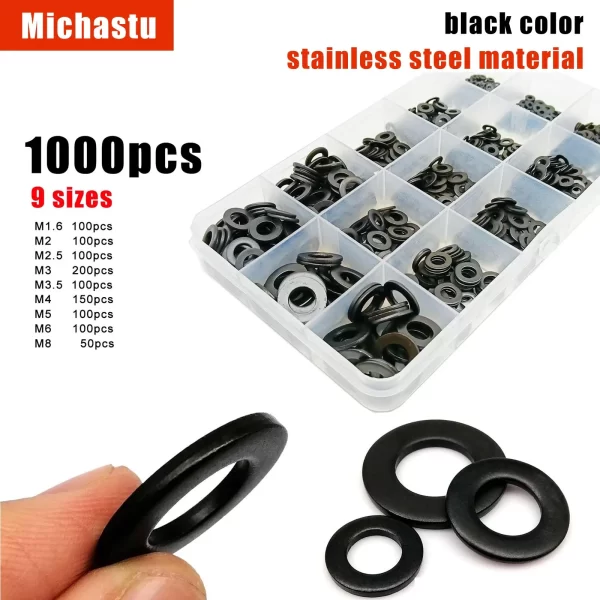 1000pc Mix M1.6 M2 M2.5 M3 M3.5 M4 M5 M6 M8 Black 304 A2-70 Stainless Steel GB97 Flat Washer Plain Gasket Set Assortment Kit Box